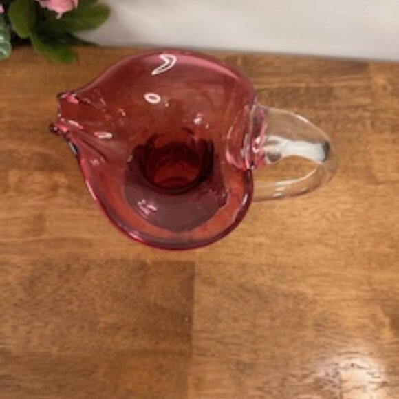 Vintage Cranberry Diamond Pattern Glass Pitcher‎ – Sculptural Handle Mid-Century - Picture 4 of 6